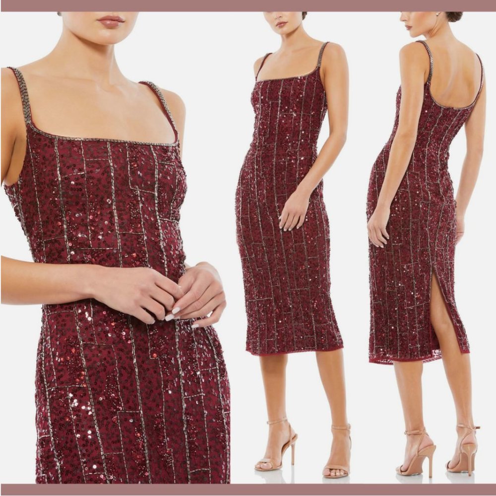 NEW $398 Mac Duggal [ 2 ] Beaded Spaghetti Strap Midi‎ Slip Dress Burgundy Q622